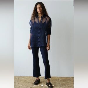 DONNI. Navy Sheer Button-Up Top and Navy Pants